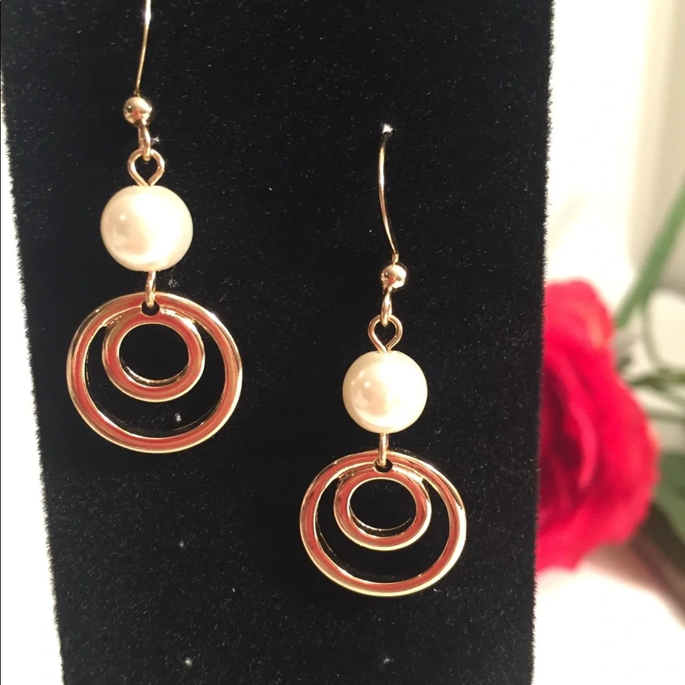 Gold-tone Circles and Pearl Drop Earrings Boho Style